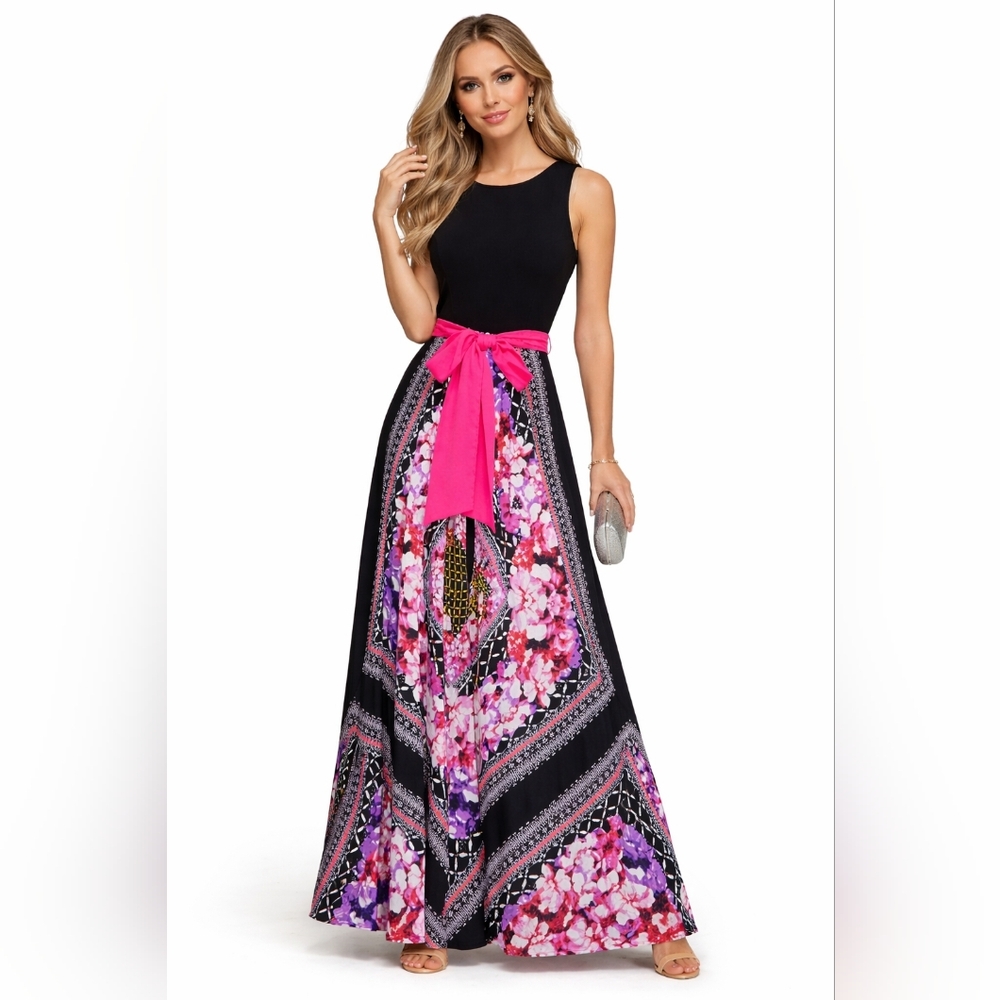 Eliza J Scarf Print Jersey & Crépe De Chine Maxi Dress